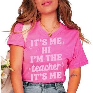Vibrant Pink Short Sleeve Tee with Graphic Print Teacher Tee